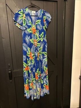 Blue Floral Tropical Maxi Dress - Vibrant Orange & Green Print